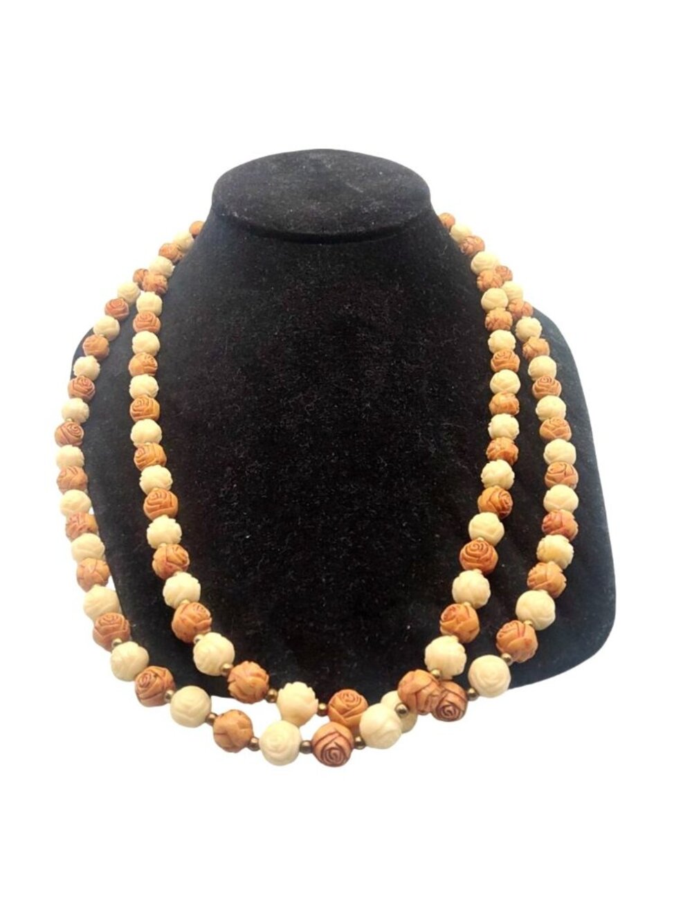 Vintage Carved Floral Bead 11.5"Double-Strand Necklace Cream & Brown 23” Length